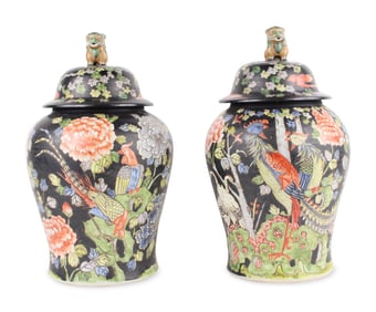 Pair of Chinese Black Ground Baluster Jars and Covers