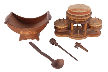 Folk Art Stencil Decorated Spool Rack and Pin Cushion