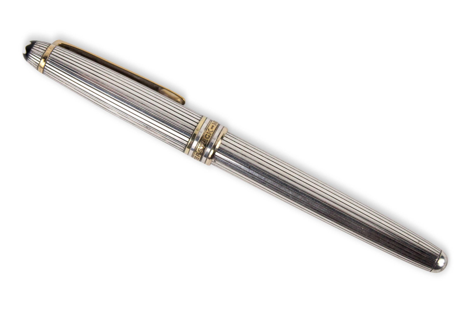 Montblanc "Meisterstuck" Solitaire Pinstripe Pen: Montblanc "Meisterstuck" Solitaire Pinstripe Pen Sterling silver case, 18K two-tone gold nib, very nice original condition.
