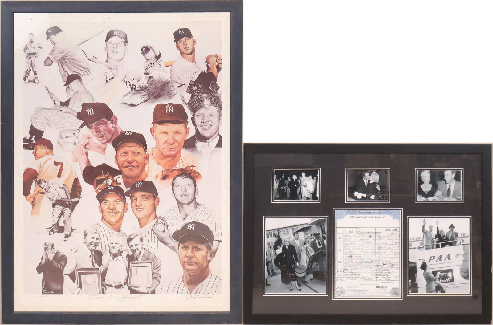 James Fiorentino, Life of a Legend, Artist Proof: James FiorentinoLife of a LegendArtist ProofSigned in pencil. Together with a collage of photos of Marilyn Monroe and Joe DiMaggio and a print of their marriage license.Sight: 38 3/4 x 27 in. (98.4 x