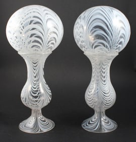 Pair of Handblown White and Clear Glass Witch Balls on Stands