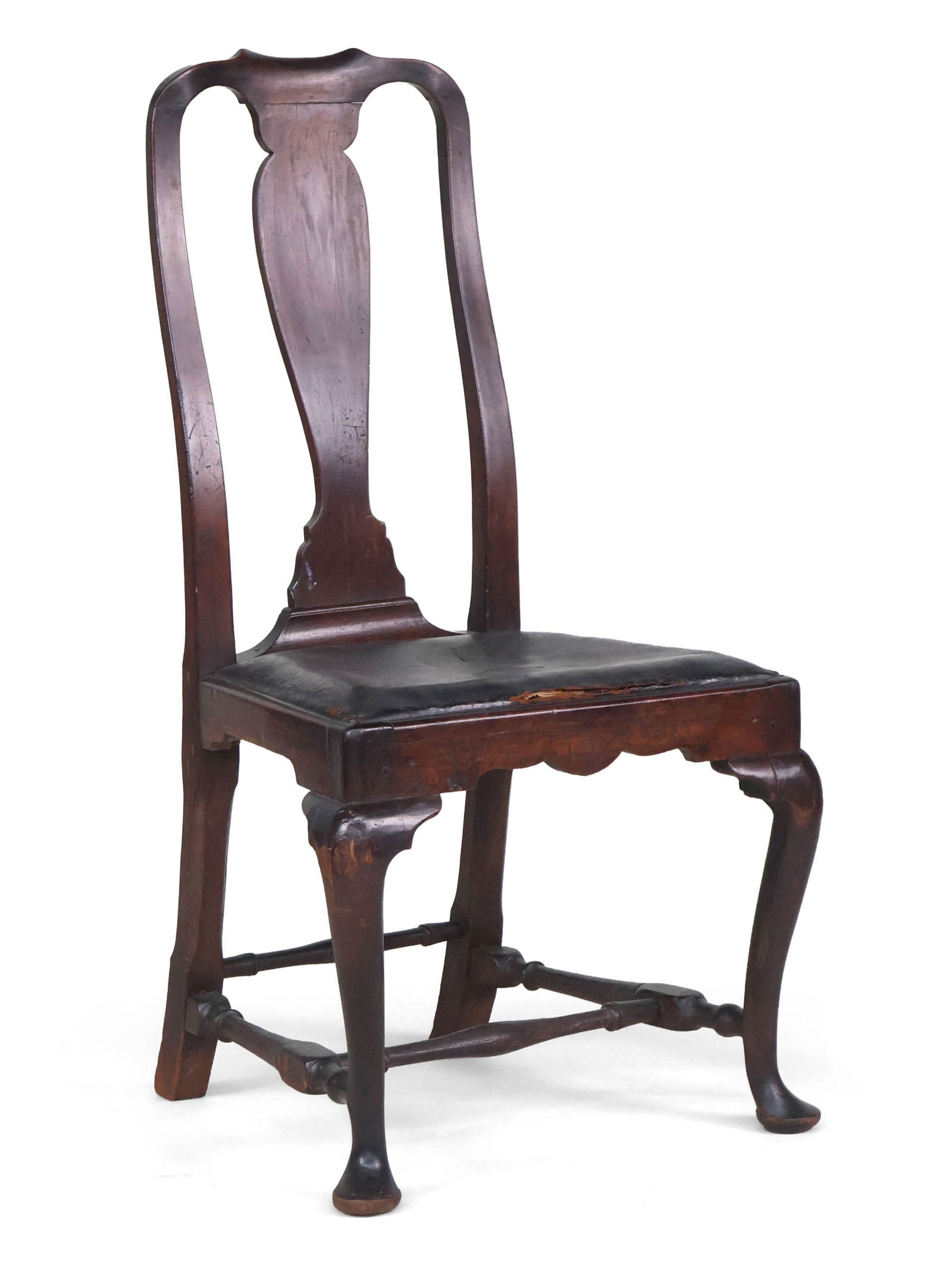 Queen Anne Walnut Side Chair: Queen Anne Walnut Side ChairBoston, Massachusetts, c. 1760.Appears to retain its original surface and leather upholstery.Provenance: Elliott and Grace Snyder, South Egremont, Massachusetts, 199942 x 2