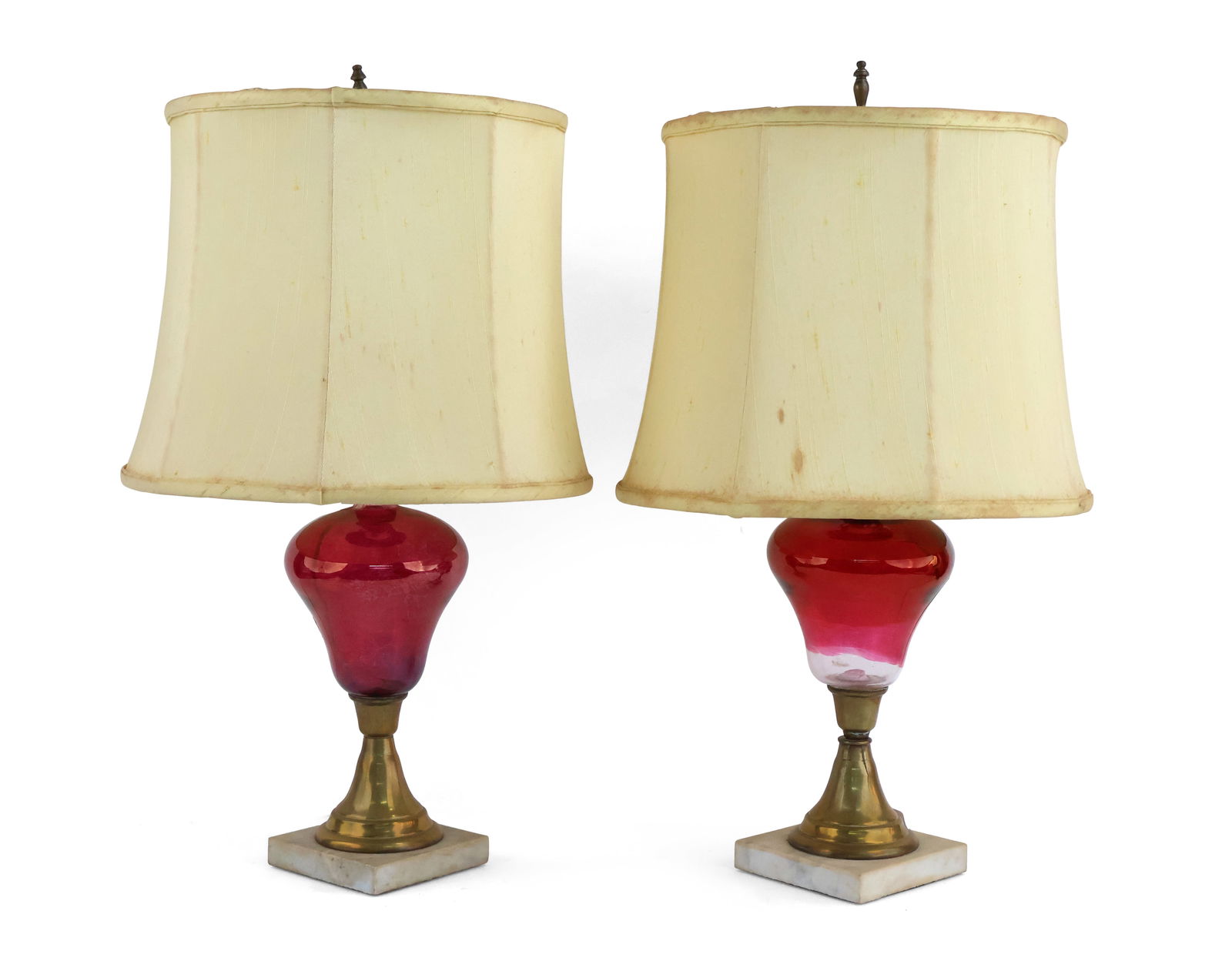 Pair of Strawberry Glass Whale Oil Lamps: Pair of Strawberry Glass Whale Oil LampsAmerican, now electrified.Overall: 23 1/2 in. (59.7 cm.)