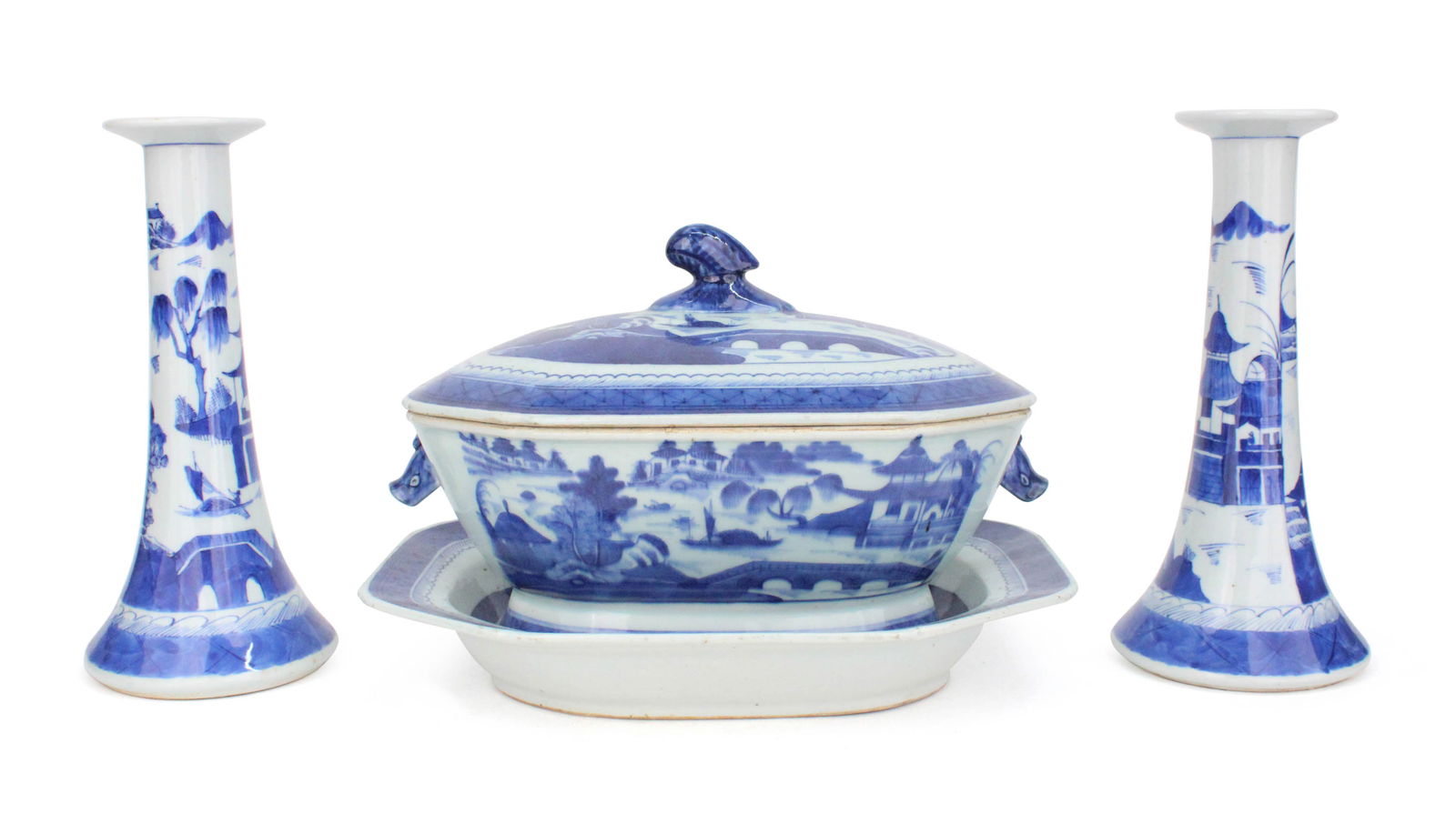 Pair of Chinese Blue Canton Candlesticks: Pair of Chinese Blue Canton Candlesticks19th C. Together with a Chinese blue canton soup tureen with underplate. 4 piecesAssociations and Provenance: Nearly all of the Canton collection was inherited
