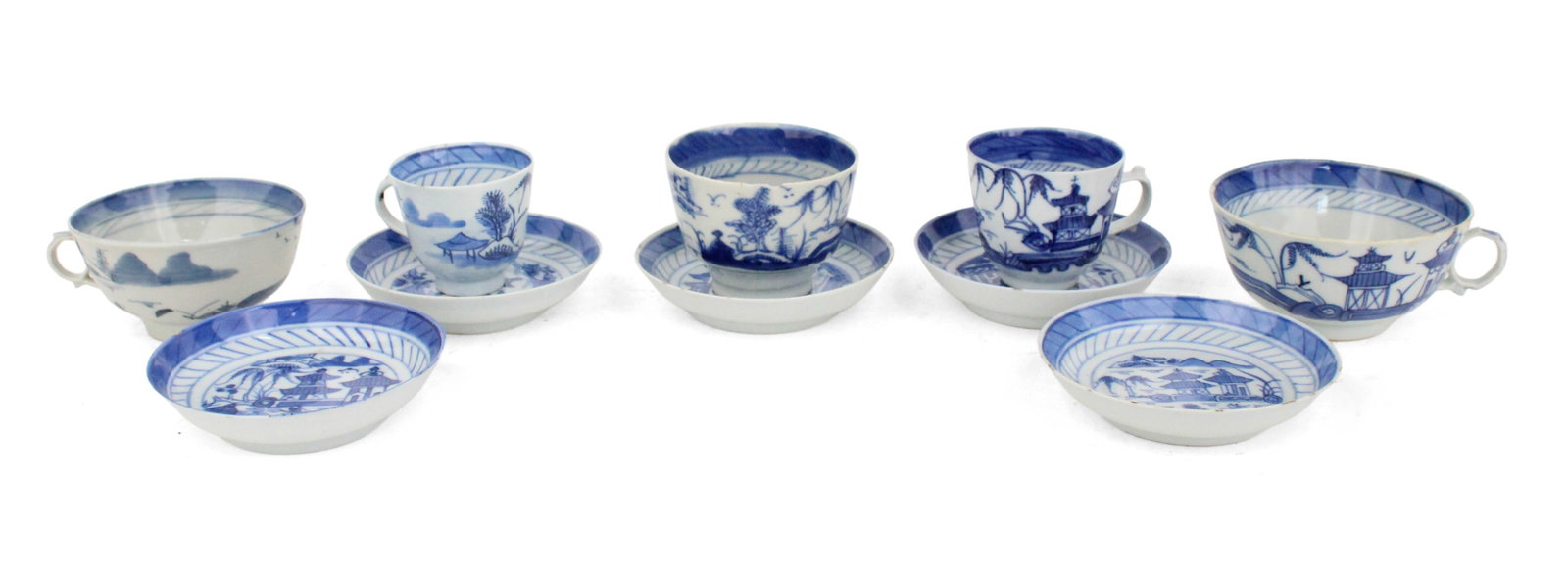 Group of Chinese Blue Canton Teacups: Group of Chinese Blue Canton Teacups Various sizes, styles. Together with some small blue canton plates. Losses, wear, chips, cracks. Associations and Provenance: Nearly all of the Canton collection w