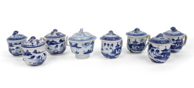 Eight Chinese Blue Canton Pot de Creme