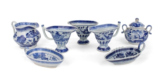 Seven Chinese Blue Canton Table Articles