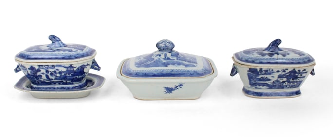 Three Chinese Blue Canton Covered Serving Dishes