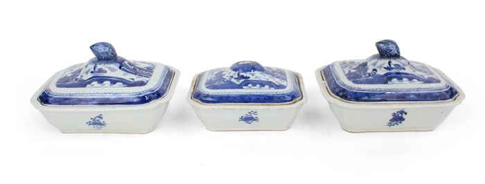 Three Chinese Blue Canton Covered Serving Dishes