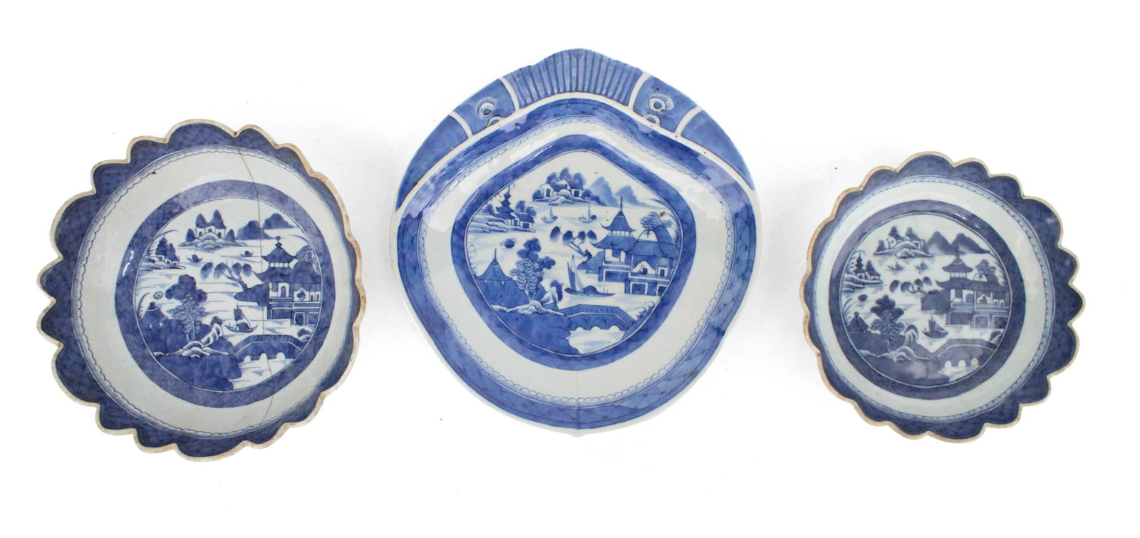 Chinese Blue Canton Shrimp Dish: Chinese Blue Canton Shrimp Dish Together with two Chinese blue canton scalloped edged bowls. Chips, cracks, repairs. Associations and Provenance: Nearly all of the Canton collection was inherited from