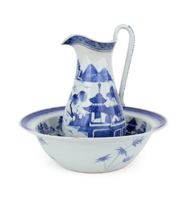 Chinese Blue Canton Pitcher and Basin