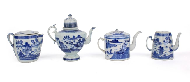 Four Chinese Blue Canton Teapots