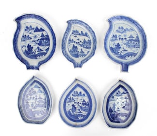 Six Chinese Blue Canton Leaf-Form Dishes