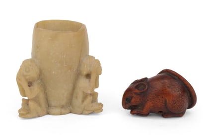 Chinese Carved Wood Netsuke of a Rat