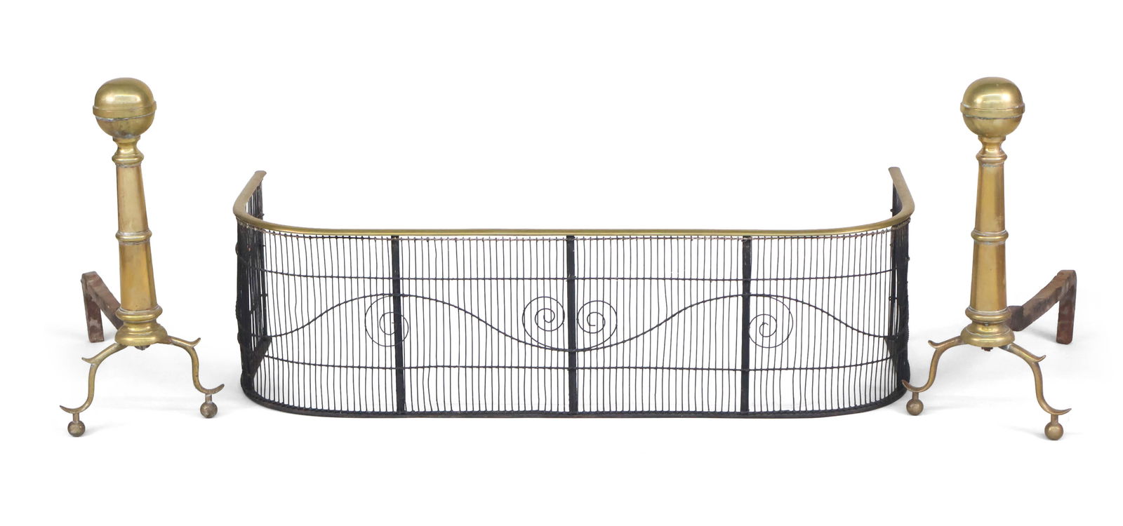 Wrought Wire and Brass D-Shaped Fire Fender: Wrought Wire and Brass D-Shaped Fire FenderTogether with a pair of cast-iron andirons. 3 pieces.Andirons: 18 x 8 1/2 x 17 1/2 in. (45.7 x 21.6 x 44.5 cm.), Fender: 10 x 36 1/4 x 14 1/2 in. (25.4 x 92.