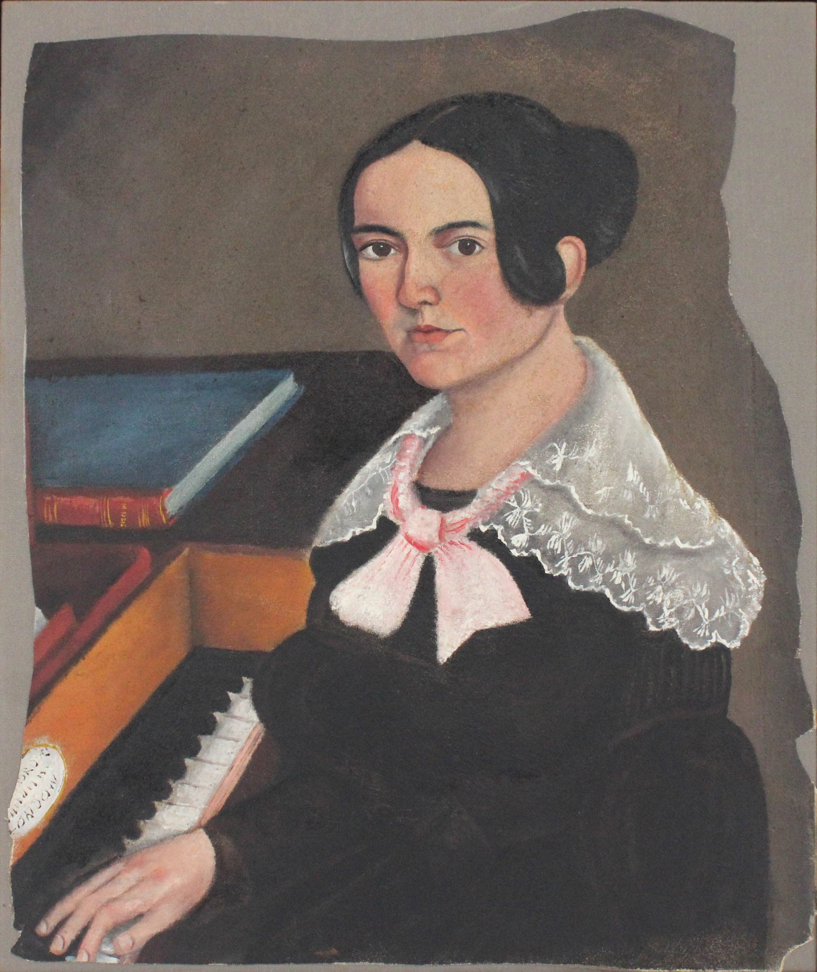 Attrib. to George Gasner, 1811-1861, Young Woman Playing the Piano, Oil on Canvas: Attrib. to George Gasner1811-1861Young Woman Playing the PianoOil on CanvasAn oil painting of a young woman with black hair and brown eyes, dressed in a black dress with a white lace collar and a red