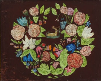 Tinsel Painting of Buck and Floral Wreath