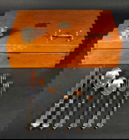 English Silver Oak Chest with Flatware