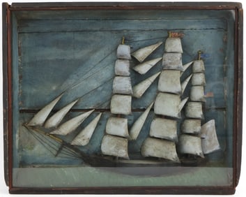 Carved Wood Shadowbox of a Three Mast Clipper