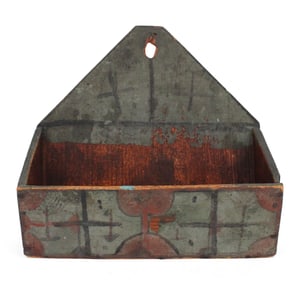 Green, Blue and Red Paint-Decorated Pine Wall Hanging Candle Box