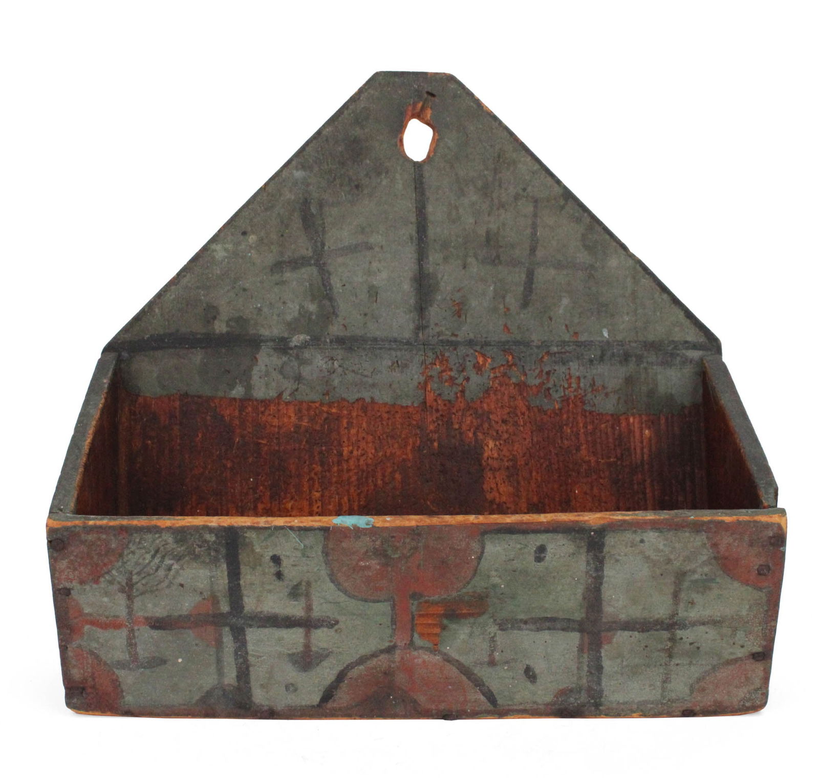 Green, Blue and Red Paint-Decorated Pine Wall Hanging Candle Box: Green, Blue and Red Paint-Decorated Pine Wall Hanging Candle BoxNew England, 19th C. The back inscribed "F. Jackson".Provenance: Steven Score, Boston, Massachusetts at the Pier Show, 198113 x 14 1/4 x