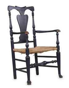 Rare Queen Anne Black Painted Maple ‘Fiddle-Back’ Armchair