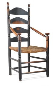 William and Mary Black Painted Turned Maple Mushroom Pommeled Slat Back Armchair