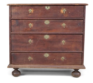 William and Mary Red Painted Pine Ball Foot Chest of Drawers