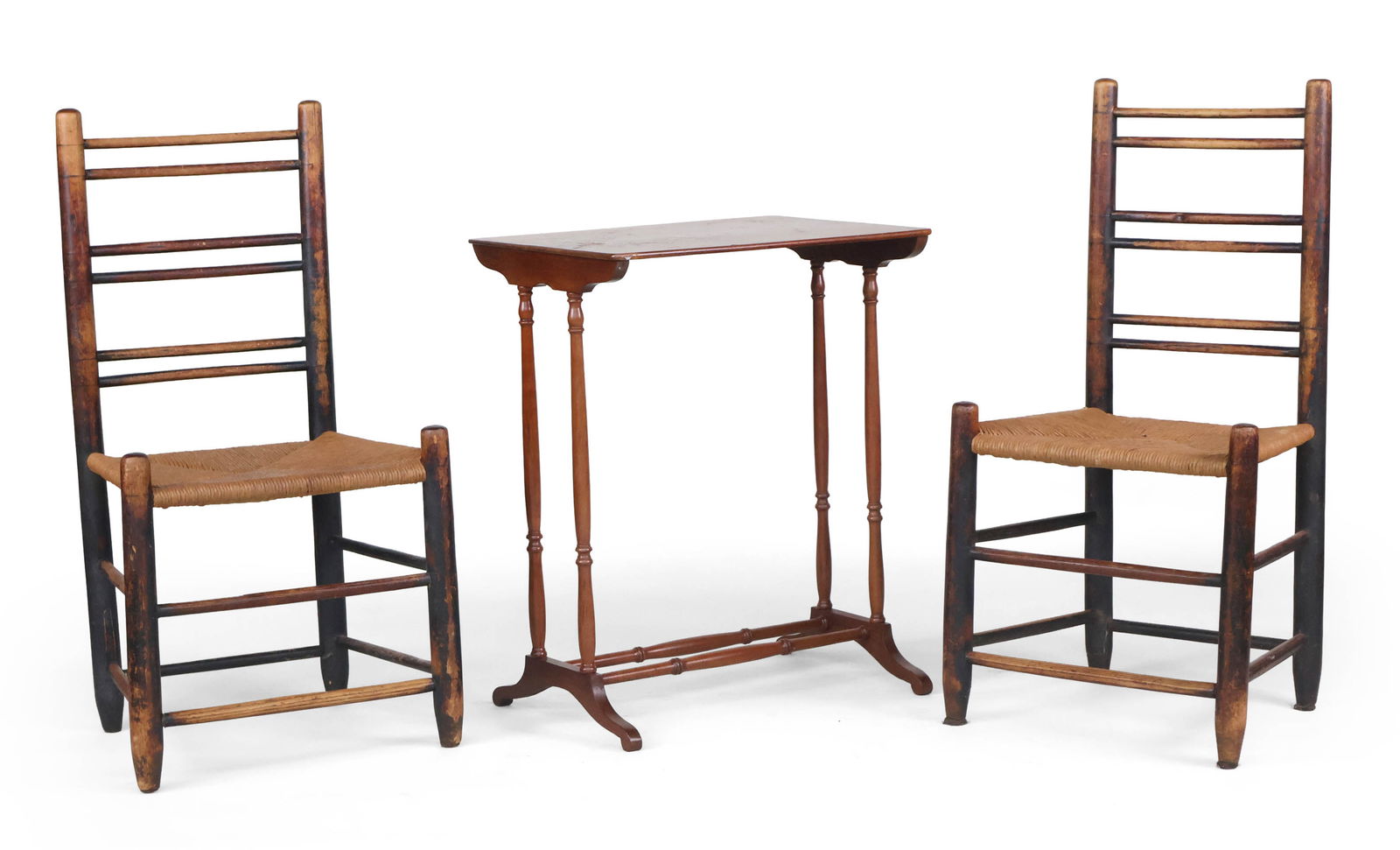 Pair of English Oak and Rush Seat Side Chairs: Pair of English Oak and Rush Seat Side Chairs18th/19th C. Together with a Regency mahogany nesting table. 3 pieces.27 1/4 x 22 x 15 3/4 in. (69.2 x 55.9 x 40 cm.), and 35 1/2 x 18 1/2 x 14 1/2 in. (90