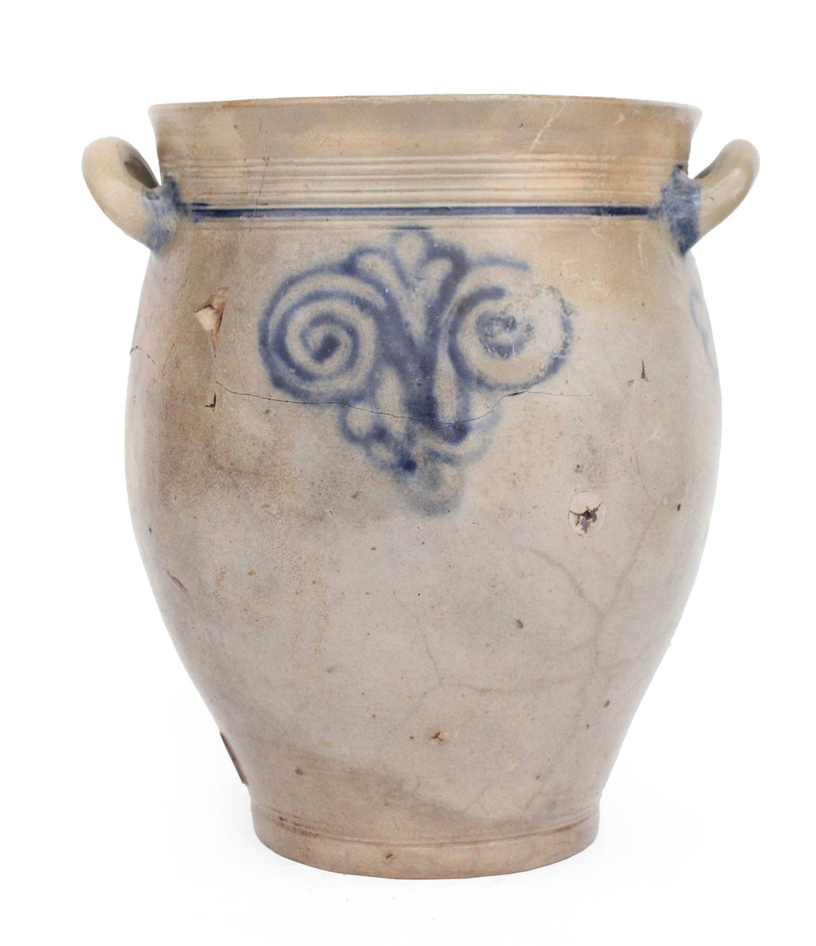 Salt Glazed Stoneware Jar: Salt Glazed Stoneware JarAttributed to Captain James Morgan, Cheesequake, South Amboy, NJ.Crack.Provenance: Crocker Farm Auctions, Sparks, Maryland, 200612 1/4 x 11 1/2 in. (31.1 x 29.2 cm.)