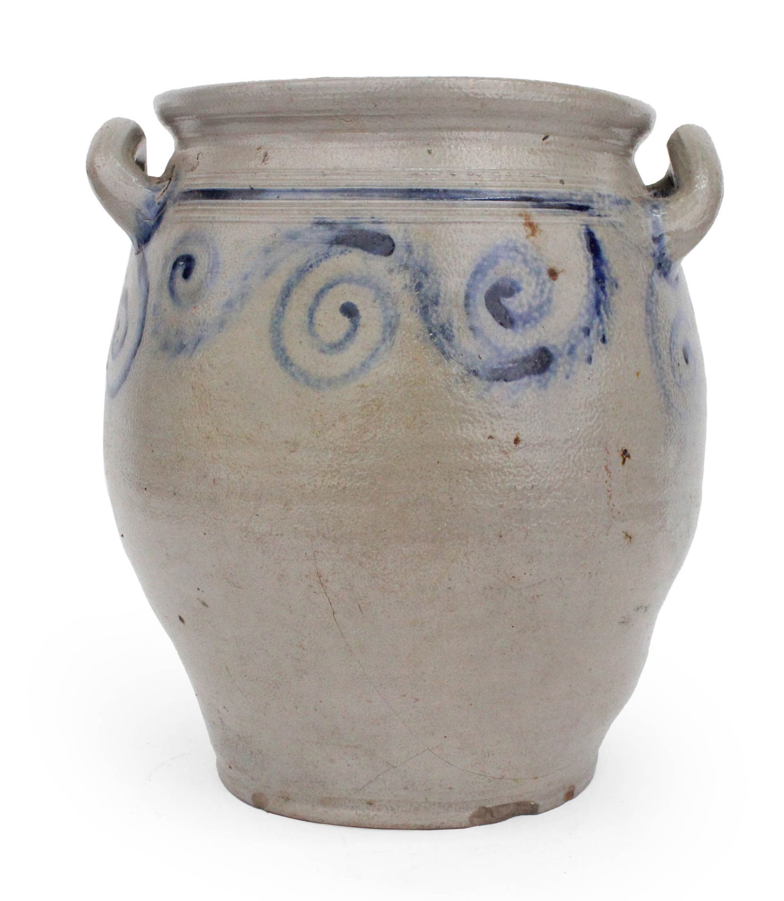 Salt Glazed Stoneware Jar: Salt Glazed Stoneware JarC. 1790, attributed to Abraham Mead, Greenwich, CT.Repair to one handle.Provenance: The Mead Family;Crocker Farm Auctions, 200713 1/4 x 11 1/2 in. (33.7 x 29.2 cm.)