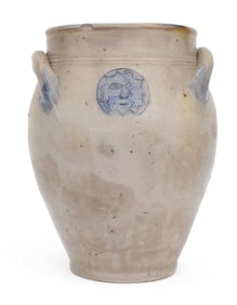 Cobalt-Decorated Stoneware Jar with Sun Face Stamp