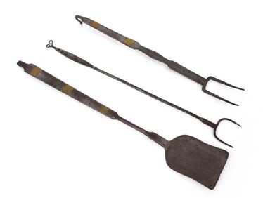 Two Wrought Iron and Brass Inlaid Cooking Utensils