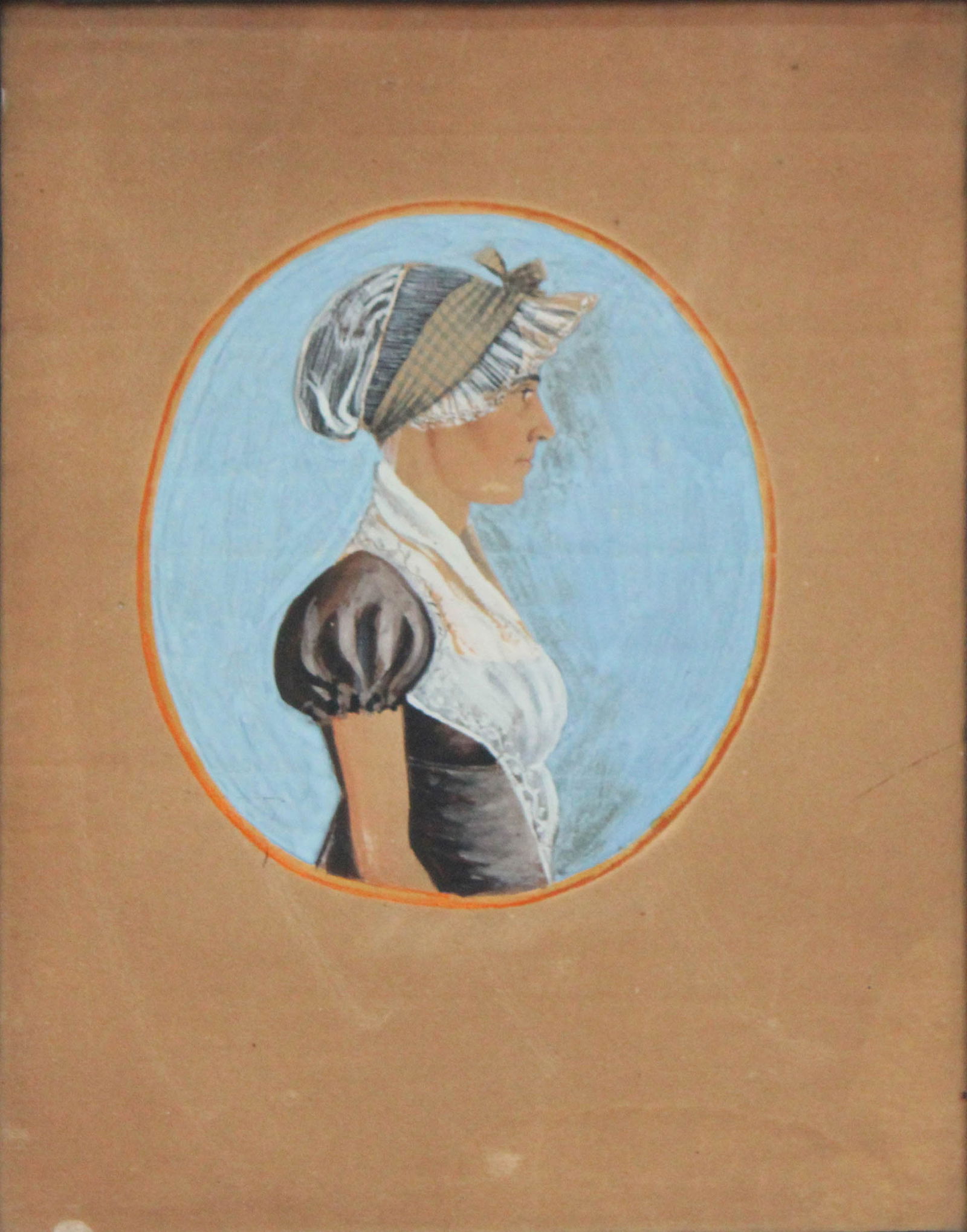 Jacob Maentel, 1763-1863, Young Woman Wearing a Bonnet, Watercolor on Paper: Jacob Maentel1763-1863Young Woman Wearing a BonnetWatercolor on Paperc. 1812, unsigned. An oval watercolor three-quarter portrait of a young woman in profile facing right. She wears an elaborate bonne