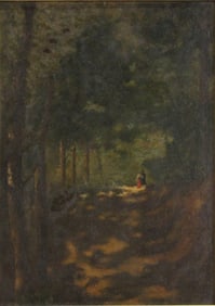 Figures on Tree Lined Path, Oil on Board