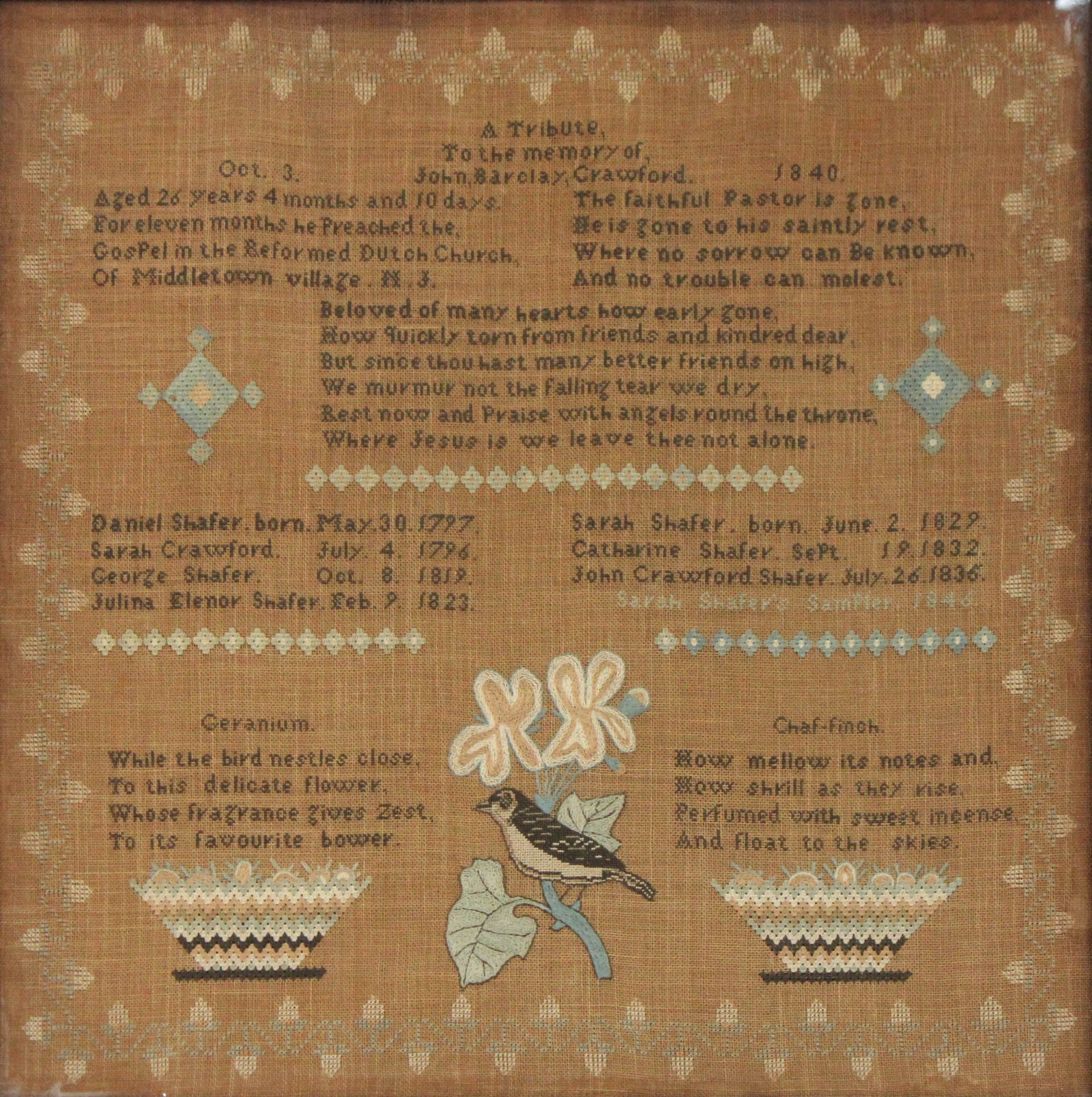 Memorial Needlework for John Barclay Crawford (1814-1840) Wrought by Sarah Shafer: Memorial Needlework for John Barclay Crawford (1814-1840) Wrought by Sarah ShaferCrawford, NY, dated 1840. This is a memorial for the first resident minister of the Dutch Reformed Church on Kings High