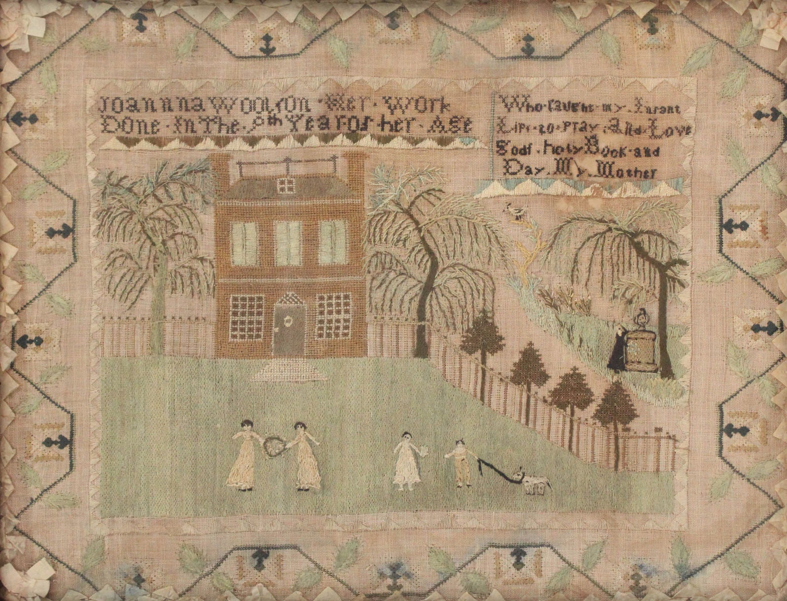Needlework on linen Wrought by Joanna Woolson (1799-1842): Needlework on linen Wrought by Joanna Woolson (1799-1842)Cape May County, New Jersey, C. 1808. Joanna Woolson was born October 3, 1799 in Burlington, NJ. She married Leaming Ewing in Cape May, March 1