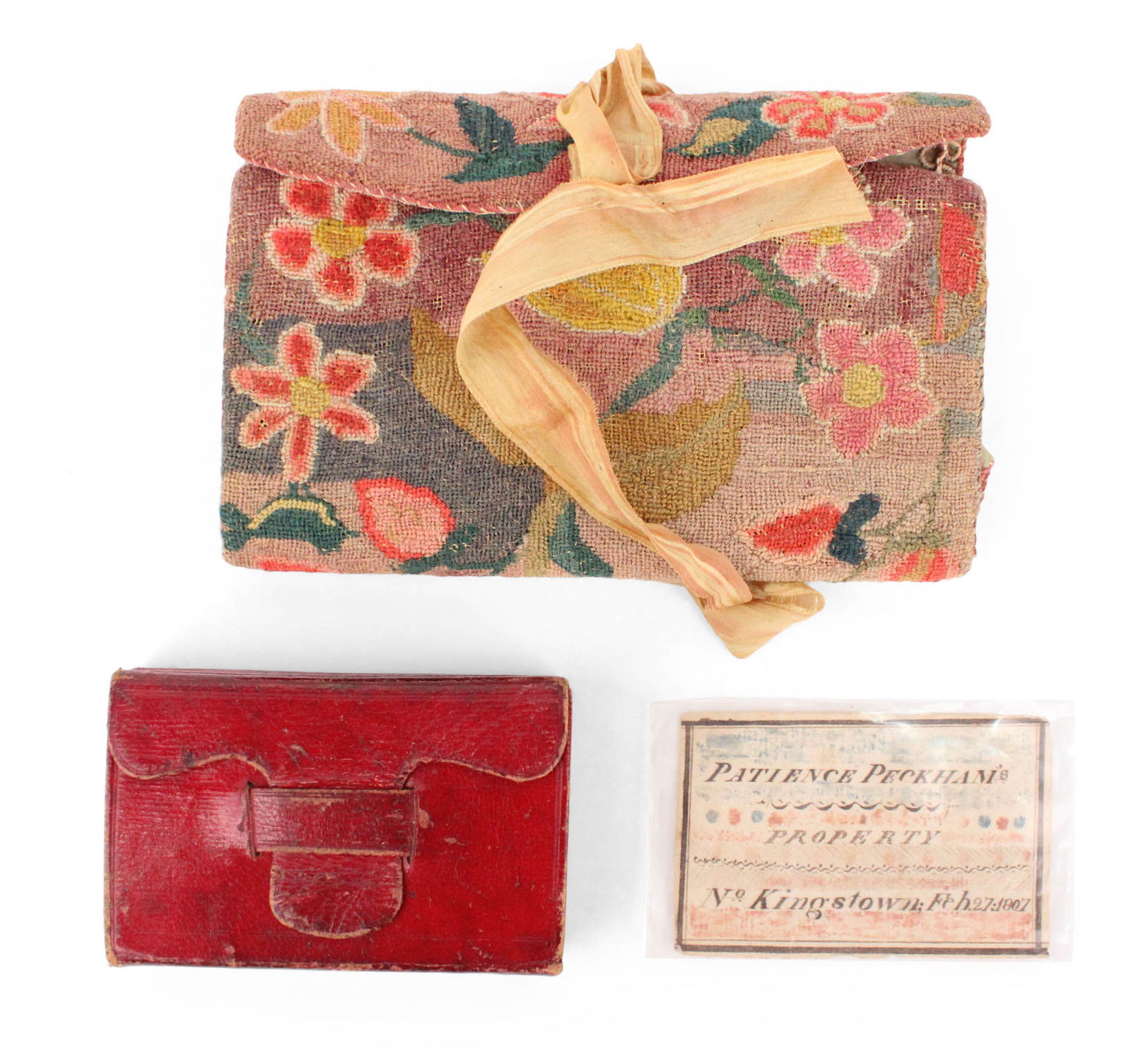 Lydia Peckham Flowered Needlework Pocketbook: Lydia Peckham Flowered Needlework PocketbookEmbroidered, 'LP". Together with a calling card or book plate inscribed "Patience Peckham's Property, No. Kingstown, Feb. 27, 1807" and a book titled "The P