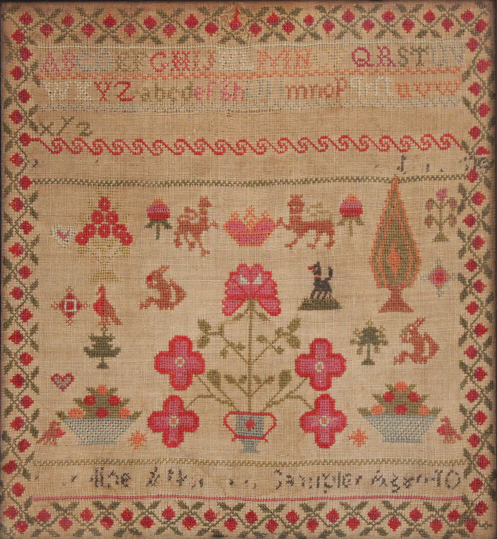 American Needlework Sampler: American Needlework Sampler19th C.Sight: 16 3/4 x 15 1/4 in. (42.5 x 38.7 cm.), Frame: 18 3/4 x 17 1/4 in. (47.6 x 43.8 cm.)