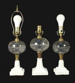 Three Colorless and White Pressed Glass Fluid Lamps