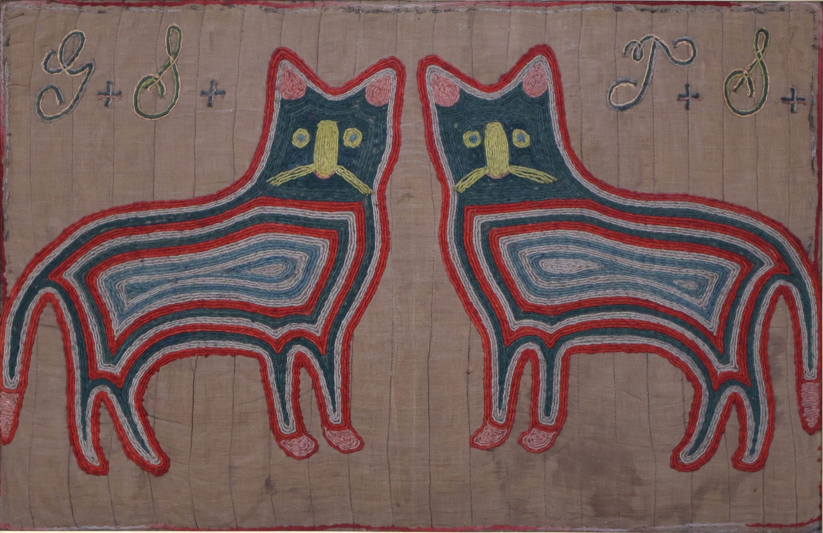 Embroidery of Two Cats: Embroidery of Two Catsc. 1900Provenance: Muriel Stuart Warwick (1900-1991)Sight: 20 x 30 3/4 in. (50.8 x 78.1 cm.), Frame: 26 1/4 x 37 in. (66.7 x 94 cm.)
