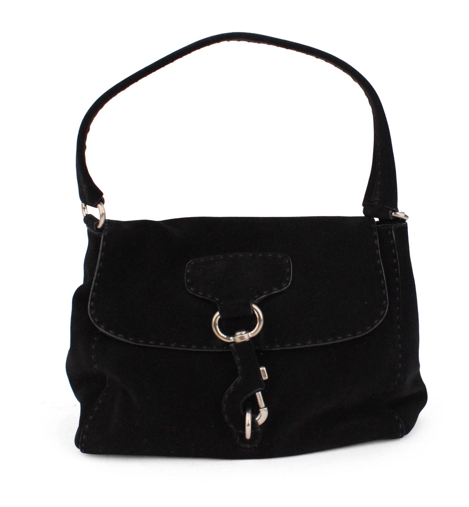 Prada Italy Black Suede Shoulder Bag: Prada Italy Black Suede Shoulder BagHand stitched. Flap bag with heavy push lock close, nickel hardware, fabric interior with back wall zipper compartment. One shoulder strap drop, 8.5"l. Dust bag inc