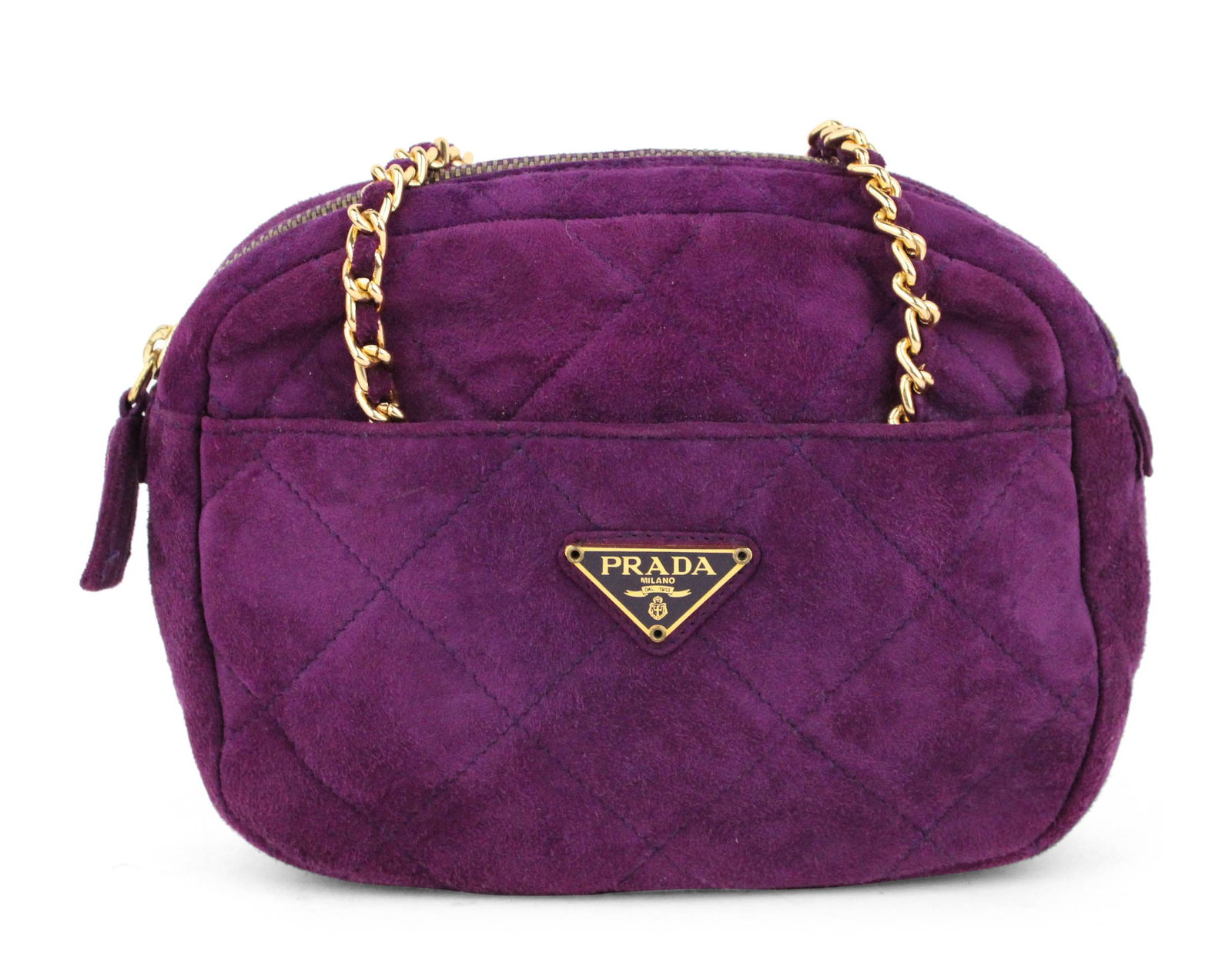 Prada Purple Quilted Suede Shoulder Handbag: Prada Purple Quilted Suede Shoulder HandbagItalian. With front slip pocket, and back slip pocket, gold tone hardware, fabric interior with back wall zipper compartment, double gold chain with purple s