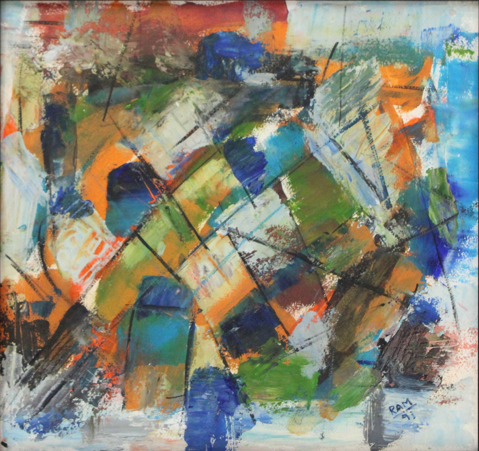 Ram Kumar, 1924-2018, Abstract, Acrylic on Paper: Ram Kumar1924-2018AbstractAcrylic on PaperSigned l.r. and dated '91.Sight: 12 3/4 x 13 1/2 in. (32.4 x 34.3 cm.), Frame: 14 1/2 x 15 1/4 in. (36.8 x 38.7 cm.)