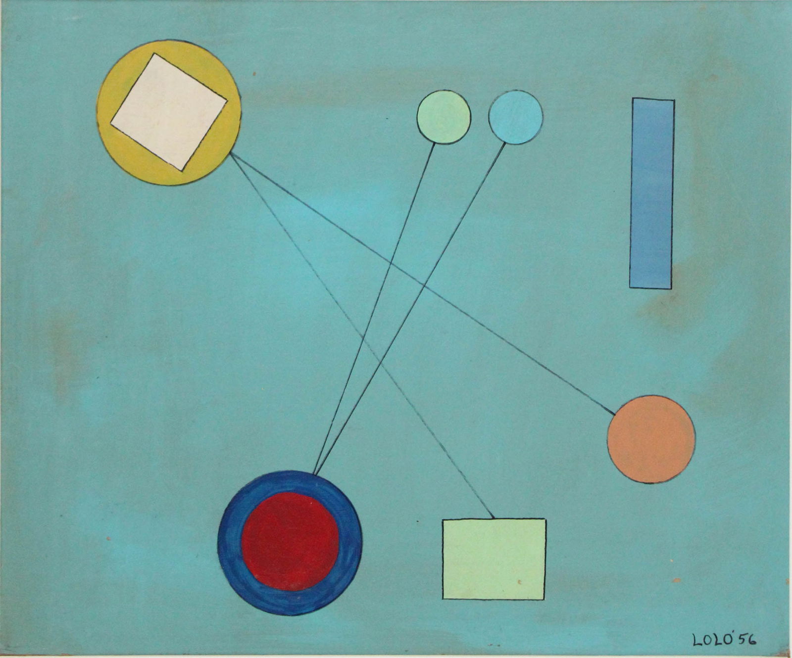 Lolo Soldevilla, 1901-1971, Abstract, Mixed Media: Lolo Soldevilla1901-1971AbstractMixed MediaSigned l.r. and dated '56.Sight: 14 1/2 x 17 1/2 in. (36.8 x 44.5 cm.), Frame: 23 1/2 x 26 1/2 in. (59.7 x 67.3 cm.)