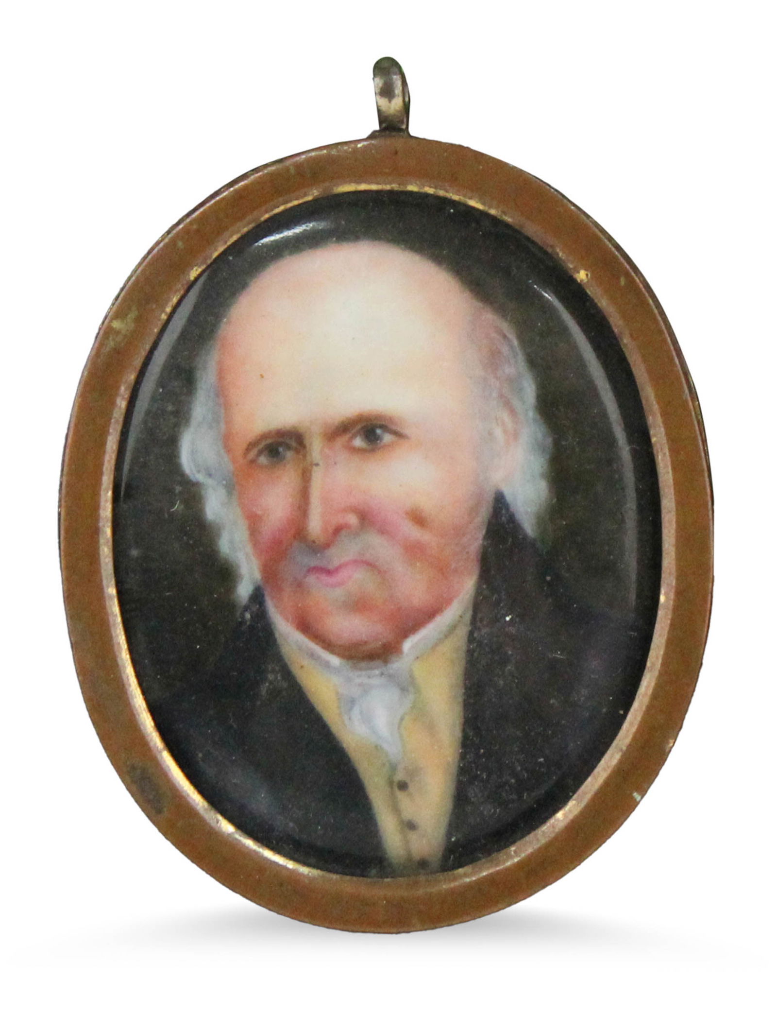 American School , 18th C., Portrait Miniature of a Gentleman, Enamel on Copper: American School18th C.Portrait Miniature of a GentlemanEnamel on CopperMarked No 19 on verso.Overall 12 x 10 1/2 x 1 1/2 in. (30.5 x 26.7 x 3.8 cm.)