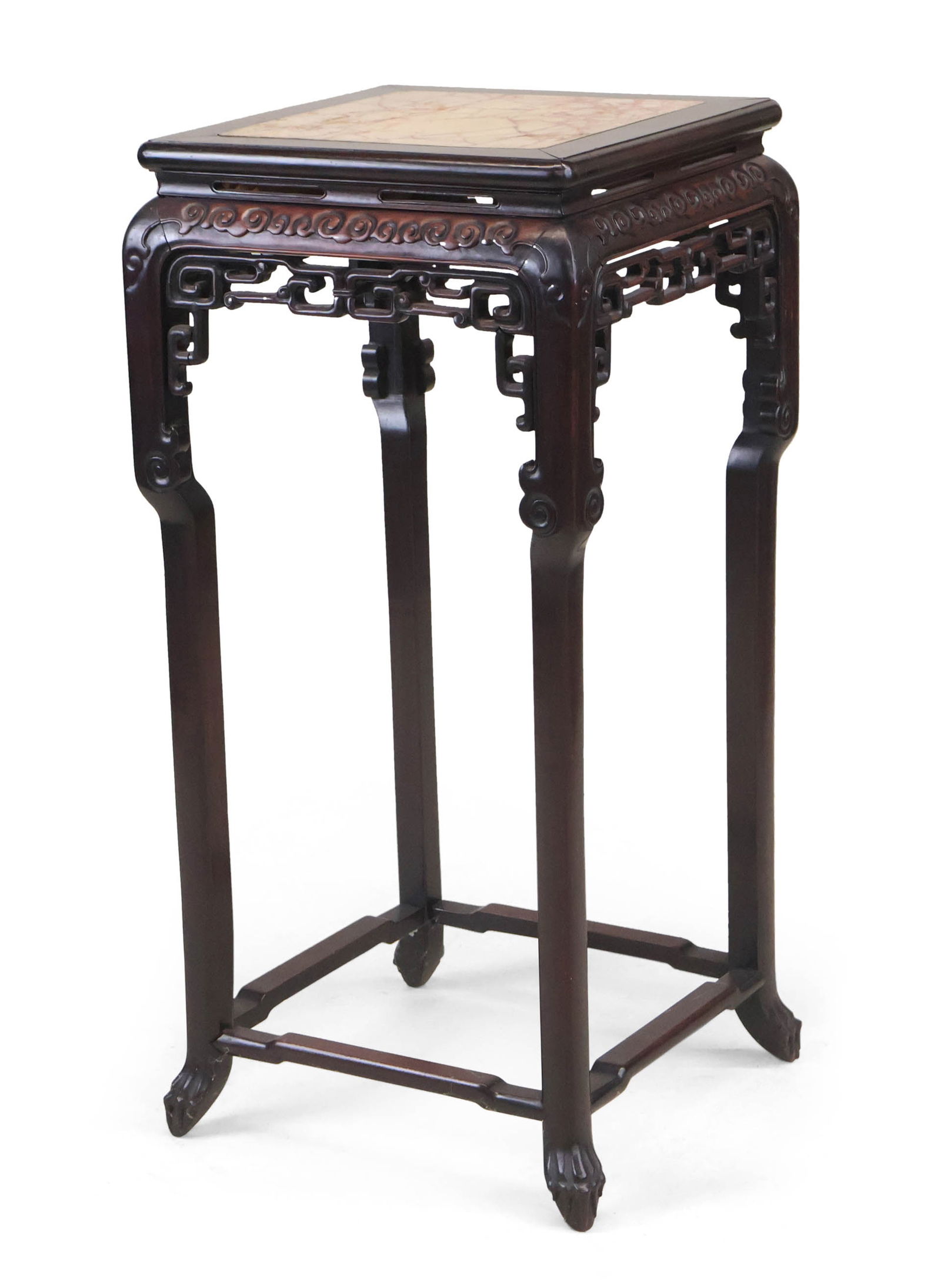 Chinese Marble Mounted Carved Hardwood Stand: Chinese Marble Mounted Carved Hardwood Stand19th/20th C. Underside fitted with remenants of an old label. Inside top of one leg signed with character marks.36 1/2 x 16 1/2 x 16 1/2 in. (92.7 x 41.9 x