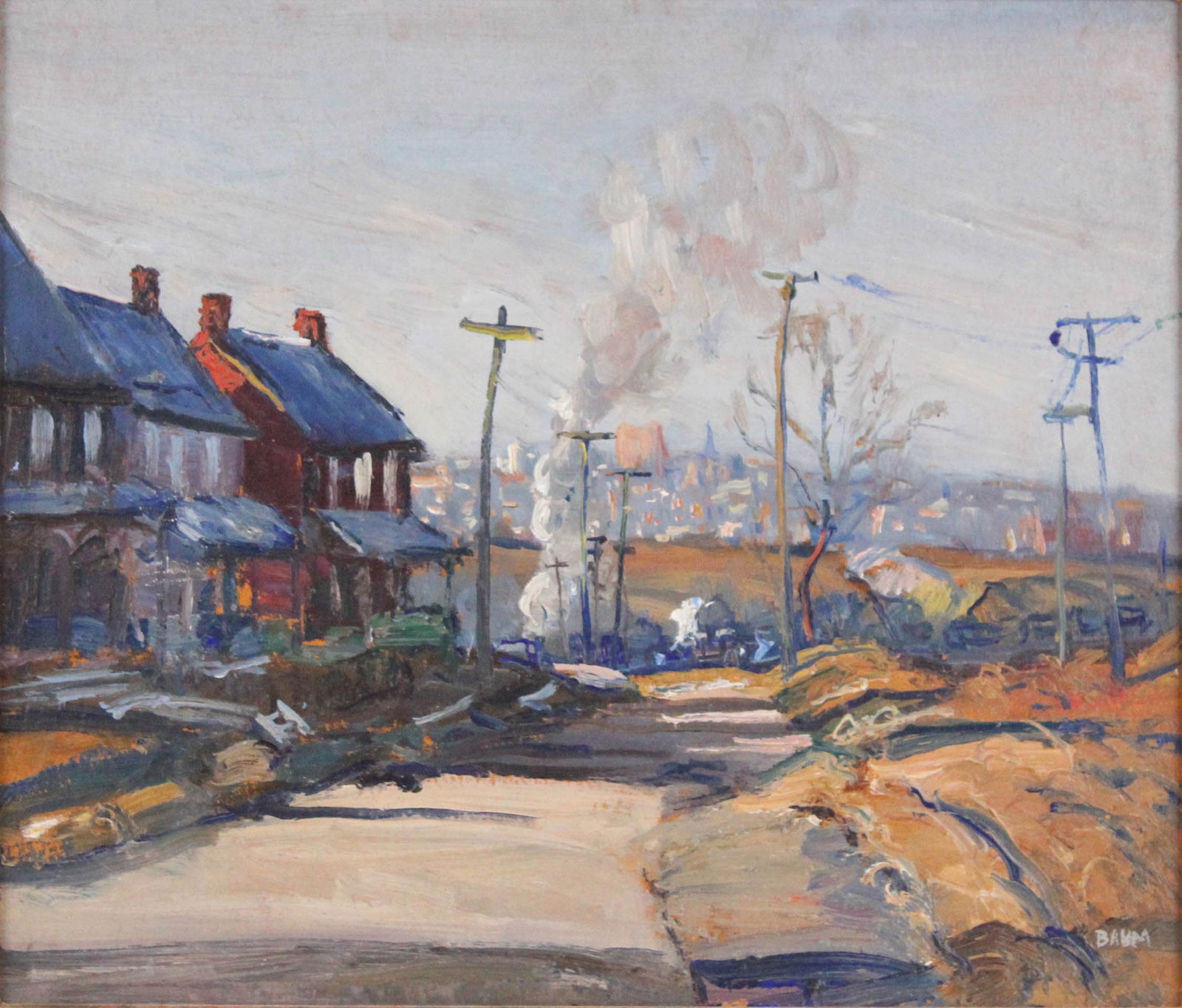 Walter Emerson Baum, 1884-1956, Allentown, c.1927, Oil on Board: Walter Emerson Baum1884-1956Allentown, c.1927Oil on BoardSigned l.r. corner.Provenance: Jim's of Lambertville, Lambertville, NJ12 1/4 x 13 3/4 in. (31.1 x 34.9 cm.), Overall 20 1/4 x 22 1/4 in.