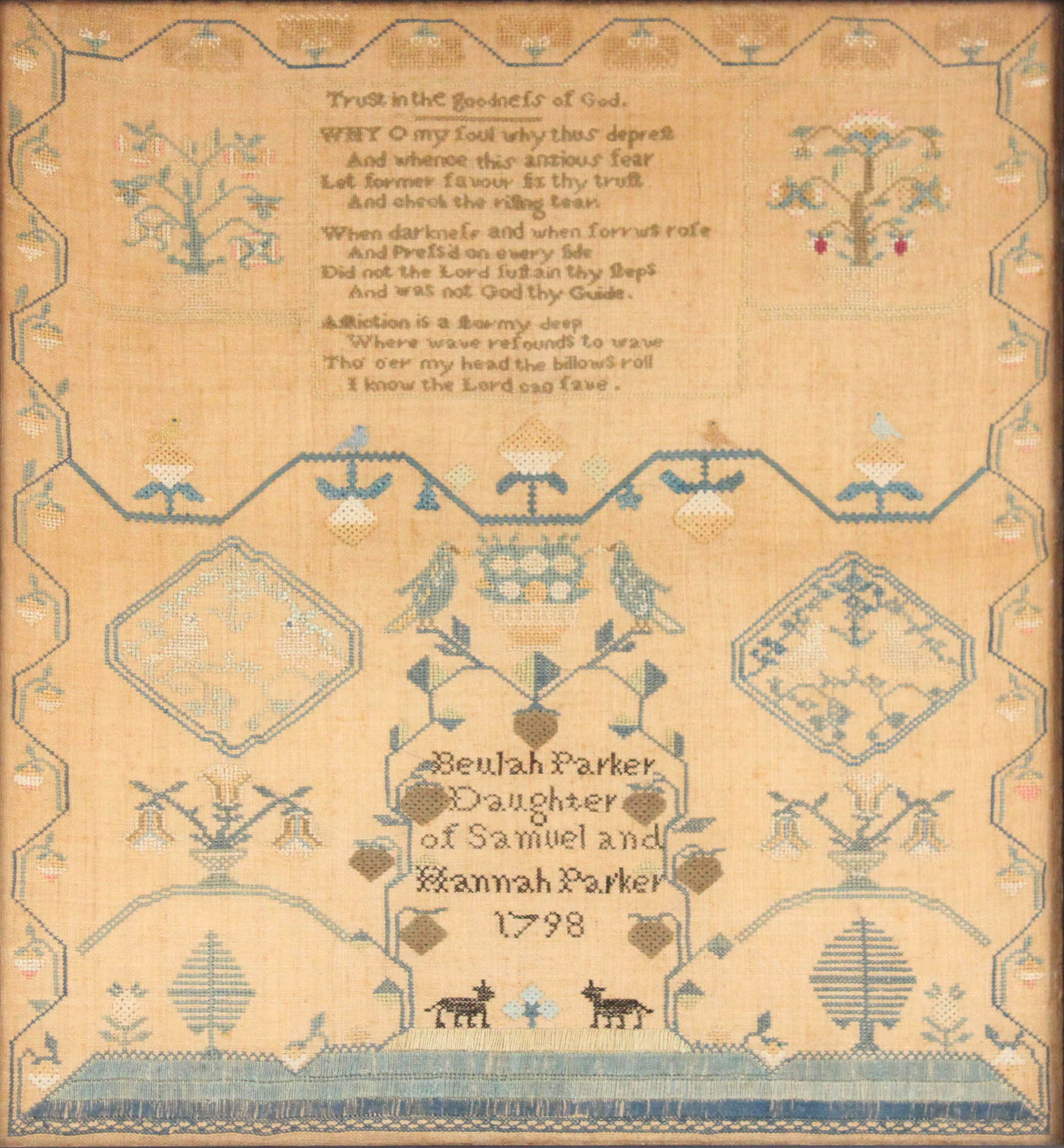 Fine Needlework on Linen Sampler: Fine Needlework on Linen SamplerBeulah Parker, dated 1798. Attributed to a Nantucket Quaker School.Provenance: Van Tassel Baumann, Malvern, PA.Sight 18 3/4 x 17 1/4 in. (47.6 x 43.8 cm.), Overall 21 1