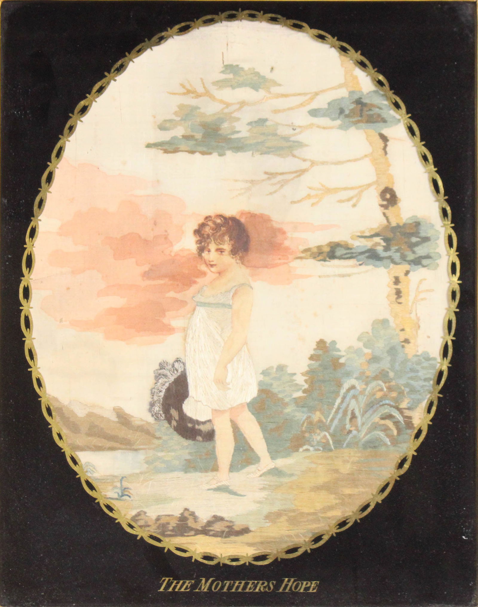 Eglomise and Silk Embroidered Needlework Picture, "The Mothers Hope": Eglomise and Silk Embroidered Needlework Picture, "The Mothers Hope"Boston, Massachusetts, circa 1800.Provenance: Stephen and Carol Huber, Old Saybrook, CT.Sight 14 1/2 x 11 1/2 in. (36.8 x 29.2 cm.),